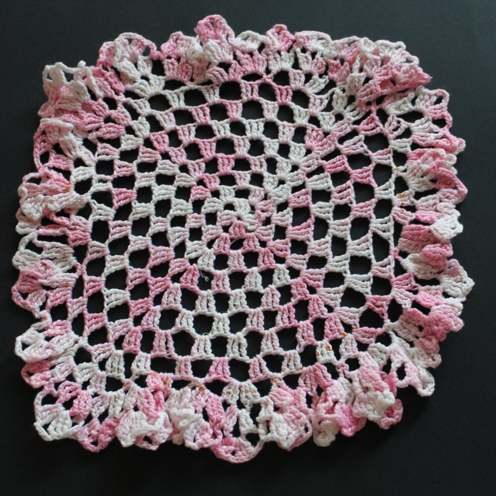 Vintage Handmade Pink and White Crochet Table Scarf